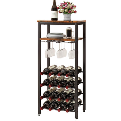 IBUYKE Wine Racks Freestanding Floor,Liquor Bottle Holder,16 Bottles Wine Cabinet with Glass Holder,Wine Holder Display,Mini Wine Bar Table for Living Room,Kitchen Pantry,Dining Room,Brown UTMJ907H