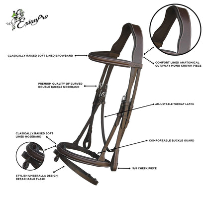 ExionPro English Hunter Jumping Bridle for Horses with Removable Flash Soft Yet Strong Rubber Reins | Royal Hunter Bridle | English Bridle for Horses (Havana, Full)