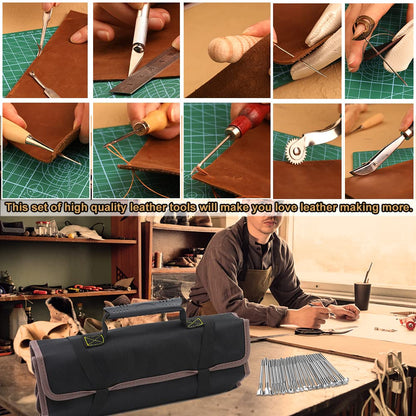 Tikjiua 456Pcs Leather Working Tools with Apron and Tooling Bag, Leather Craft Kit with Tools for Stamping, Carving, Sewing, Beveling, Cutting, Crafting