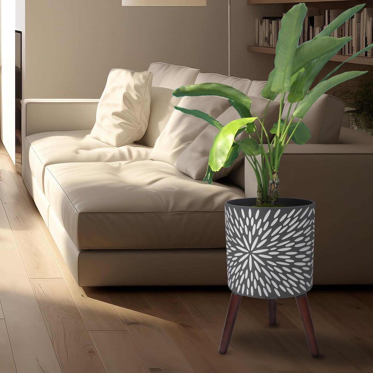 Opnons 12 Inches Plant Pot with Stand, Large Modern Standing Planters for Indoor Plants with Drainage Holes, Gray Flower Pots with Legs