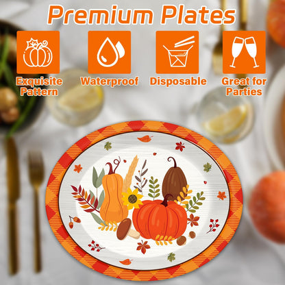 QOUBAI 50Pcs Thanksgiving Fall Oval Plates 11 Inch Large Autumn Pumpkin Maple Leaves Disposable Paper Plate Orange Plaid Platter Dish Tray Tableware Dinnerware Fall Harvest Party Decoration Supplies