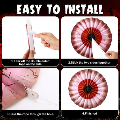 Dispowreath 9 Pcs Halloween Fans Decorations Eyeball Hanging Paper Fans Set Scary Eyeballs Wall Decoration for Halloween Party Haunted House Home Classroom Birthday Spooky Decorations Supplies