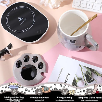 Honeydak Coffee Mug Warmer Cute Cat Mug Set Cup Warmer for Women Heated Coffee Warmers for Mom Home Office Desk Valentine's Day Anniversary Birthday Gifts(Cat,Gray)
