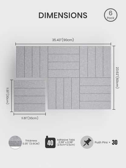 Bumusty Large Cork Board Alternative-36 x 24" Felt Bulletin Board Tiles, with 30 Pushpins, 40 Adhesive Tabs, Bold-Stripe 6-Pack, Cork Boards for Office Push Pin Board Felt Board-Soft Gray