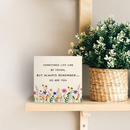 ANIANG Inspirational Wooden Box Sign, Motivational Desk Decor, Inspirational Gifts Office Desk for Women, Life Can Be Tough Wood Block Box Sign Plaque for Office Home Wall Shelf Decor