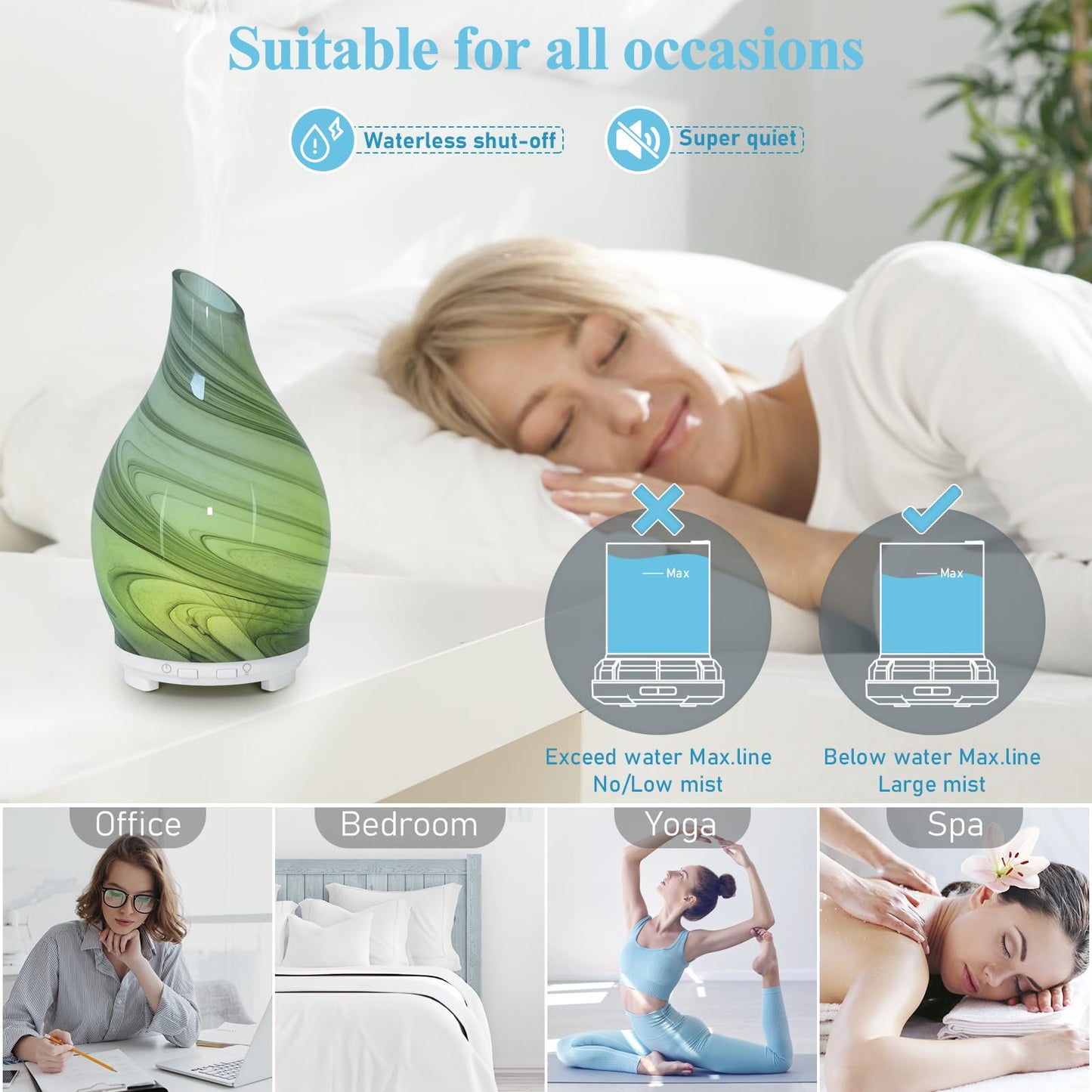 Essential Oil Diffuser 120ML Glass Ultrasonic Aromatherapy Oil Diffuser-Aroma Humidifier Glass Diffuser,7 Color Changing Light Waterless Auto-Off-Ultra-Quiet for Sleeping Yoga Home Office and Spa