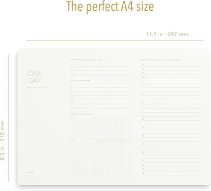 One Day, Elegant Daily Desk Planner, Gold Foiled, Minimalist Productivity Planner Pad, Time Blocking Hourly Schedule, To Do List Notepad, A4, 52 Pages, FSC™ Certified