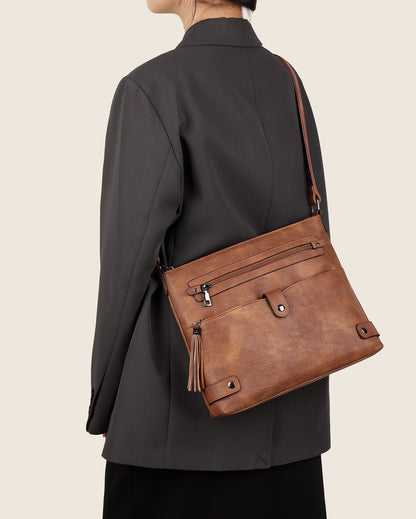 FADEON Large Crossbody Bags Purses for Women Crossbody Bag, Designer Faux Leather Cross Body Purse Multi Pocket Shoulder Bag Brown
