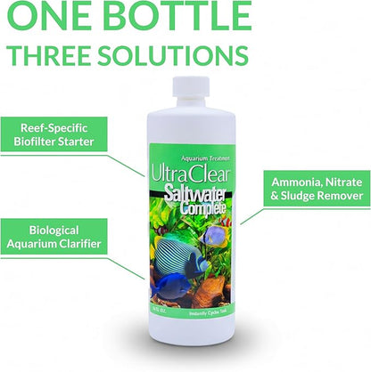 Saltwater Complete – Live Nitrifying Bacteria Blend for Saltwater & Reef Aquariums - Instant Cycle Marine Tank Starter - Removes Ammonia Nitrite - Clarifier - Safe for Fish Coral Invertebrates - 12oz