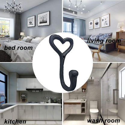 ZEYU Heavy Duty Coat Hooks, 4pcs Cast Iron Love Heart Shape Wall Hooks for Hanging Coats, Black No Rust Hooks for Scarf, Bag, Towel, Key, Cap, Cup, Hat