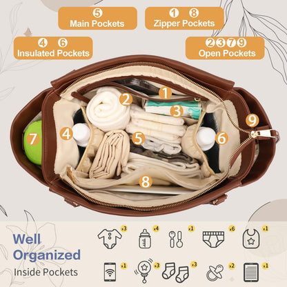 miss fong Diaper Bag Tote Leather Diaper Bag Backpack, Large Capacity Mommy Bag Hospital Bag, 12 Pockets Travel Diaper Tote with Changing Pad Pañaleras Para Bebe for Mom & Dad-Brown