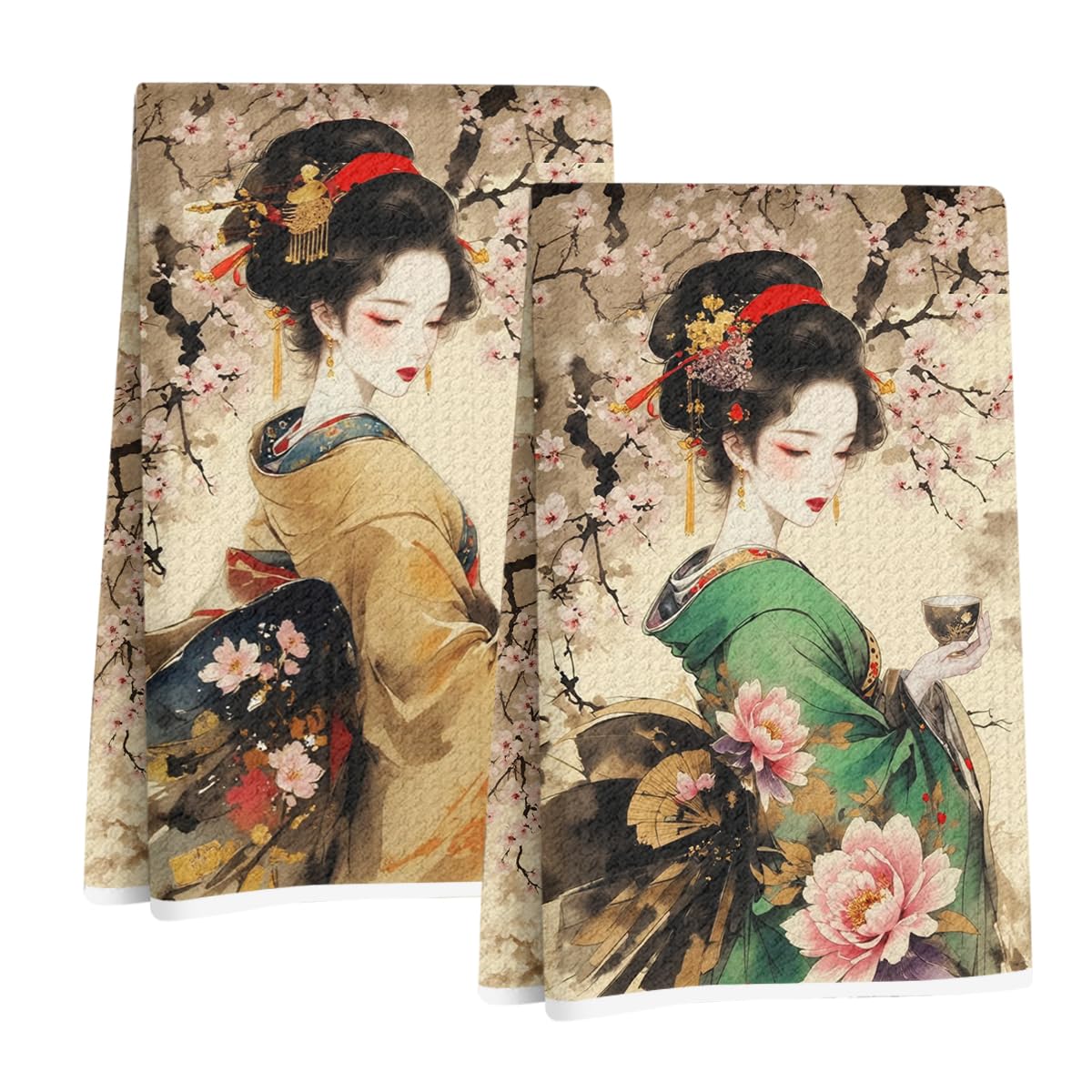 2 Pcs Japanese Style Women Kitchen Towels, Cherry Blossoms Soft Absorbent Hand Tea Towel, Microfiber Dish Cloths for Drying Dishes, Waffle Dish Towels for Kitchen Bathroom, Farmhouse Gifts for Women