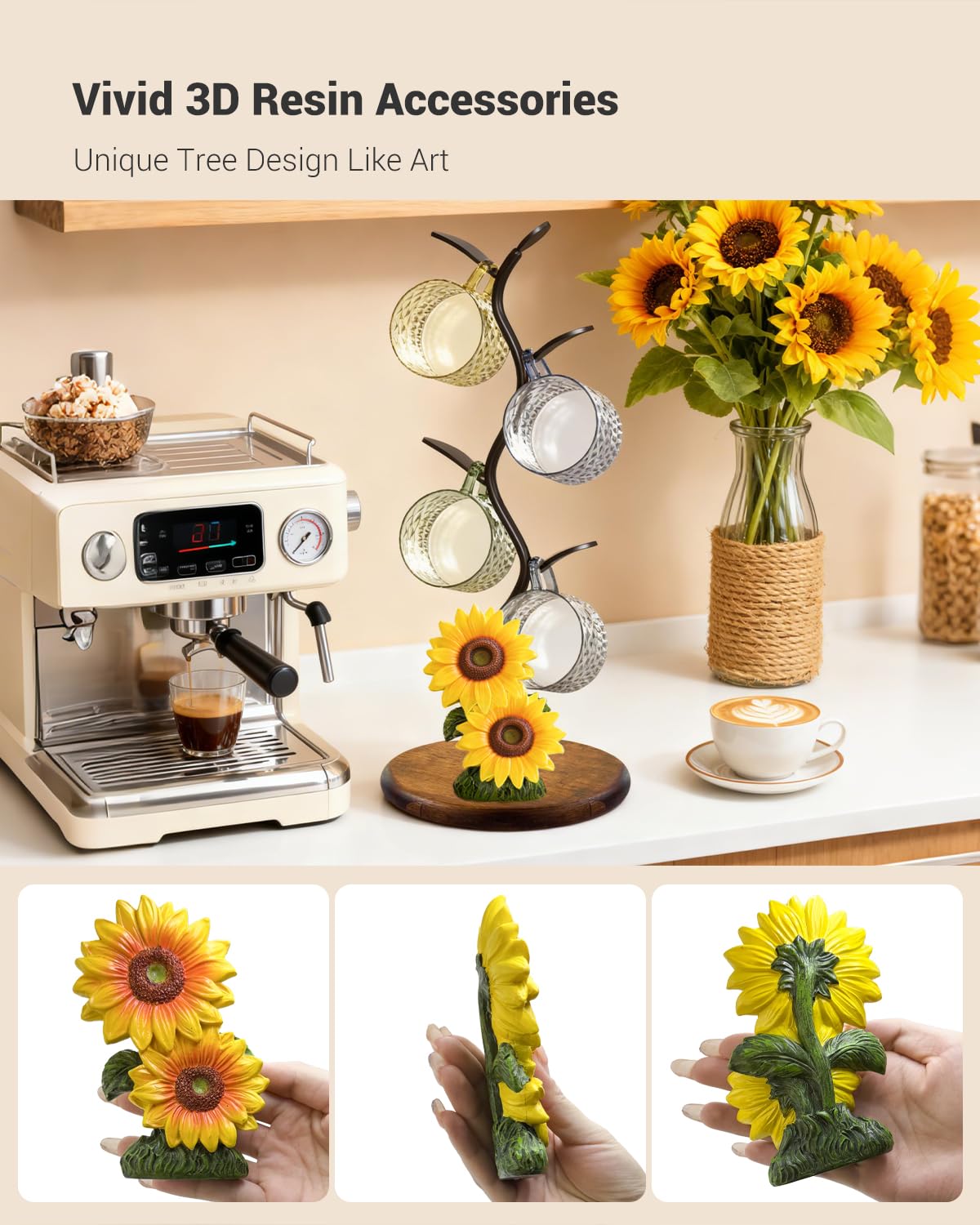 GAJ Sunflower Mug Tree Coffee Cup Holder, Countertop 3D Yellow Flower Coffee Bar Decor, Wooden Base Mug Stand Holds 4 Cups, Farmhouse Kitchen Organizer, Gifts for Women Mom Grandma