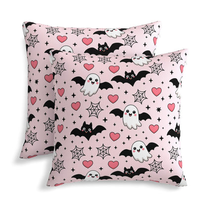 Halloween Pink Cute Ghost Bats Heart Decorative Pillow Covers 16x16 Inch Set of 2 Rustic Boho Flower Outdoor Throw Pillows Neutral Farmhouse Decoration Cushion Cases for Sofa Couch Bed Decor
