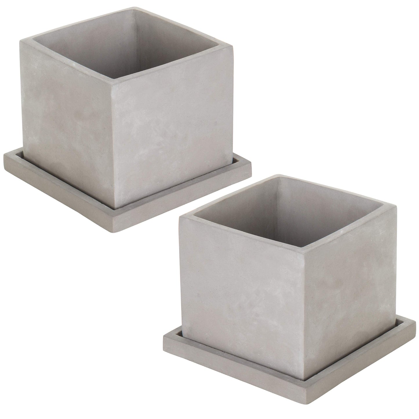 MyGift 5-Inch Square Light Gray Cement Plant Pot with Drainage, Small Flower Succulent Planters with Removable Saucer Trays, Set of 2