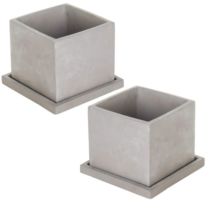 MyGift 5-Inch Square Light Gray Cement Plant Pot with Drainage, Small Flower Succulent Planters with Removable Saucer Trays, Set of 2