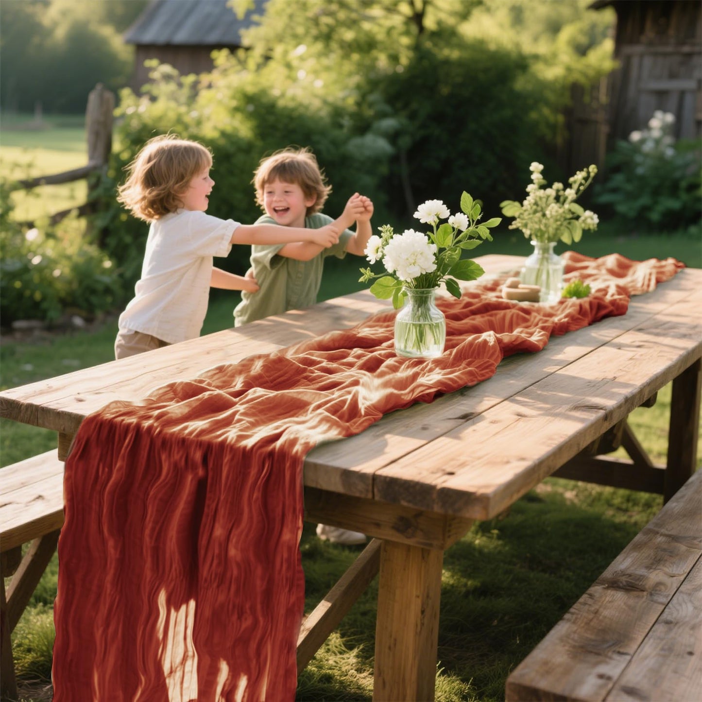 6 Pack Terracotta Cheesecloth Table Runner 35 x 120 inch Boho Rustic Gauze Table Runner 10 FT Long, Semi Sheer Cheese Cloth Runner for Wedding Party Banquet Baby Shower Birthday Decoration