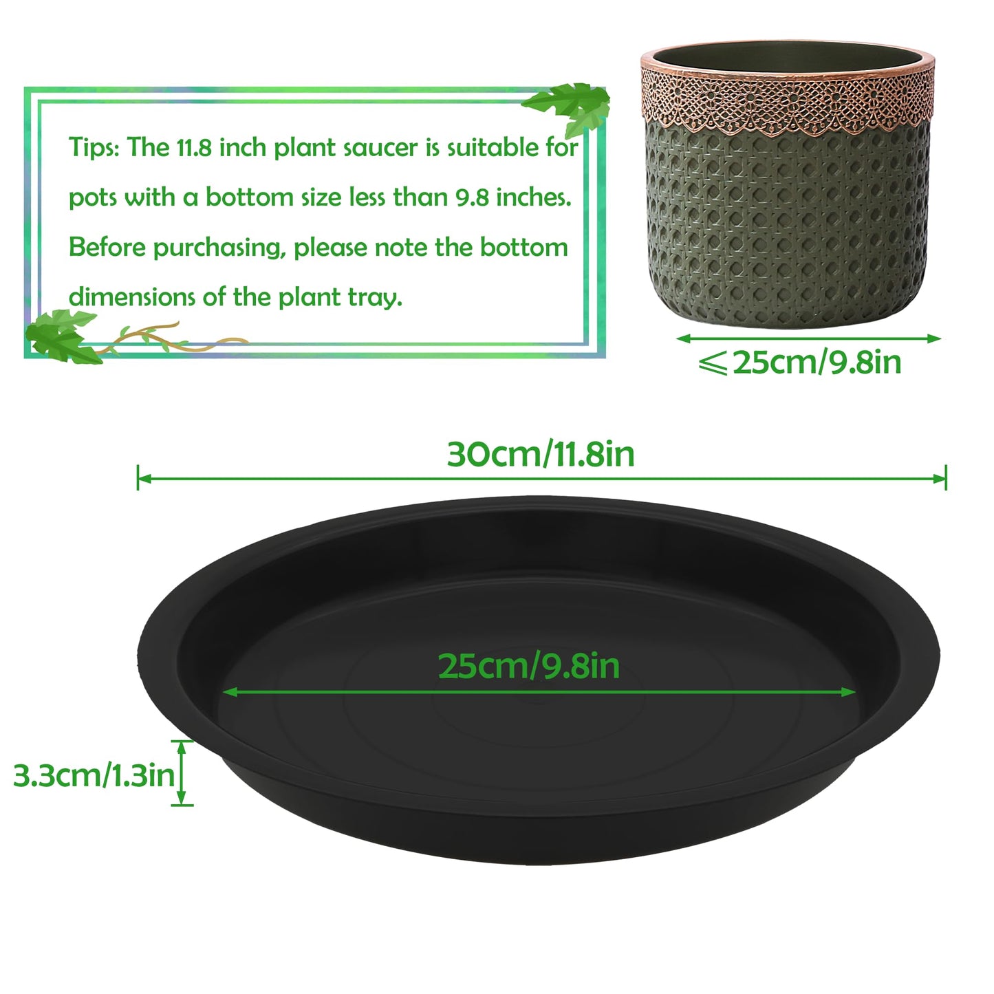 TNTIWQ 6 Pack 12 Inch Round Plant Saucers for Less 10 Inch Pot Indoors Outdoors Plant Trays for Pots Planter Saucer Plastic Drip Tray Planter Water Tray (Black, 11.8"(6pcs))