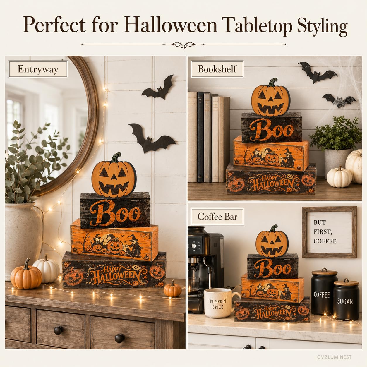 4 Pcs Halloween Decorations Scary Pumpkin Wooden Signs Farmhouse Rustic Tiered Tray Decor Boo Happy Halloween Tabletop Centerpiece for Home Kitchen Shelf Mantel