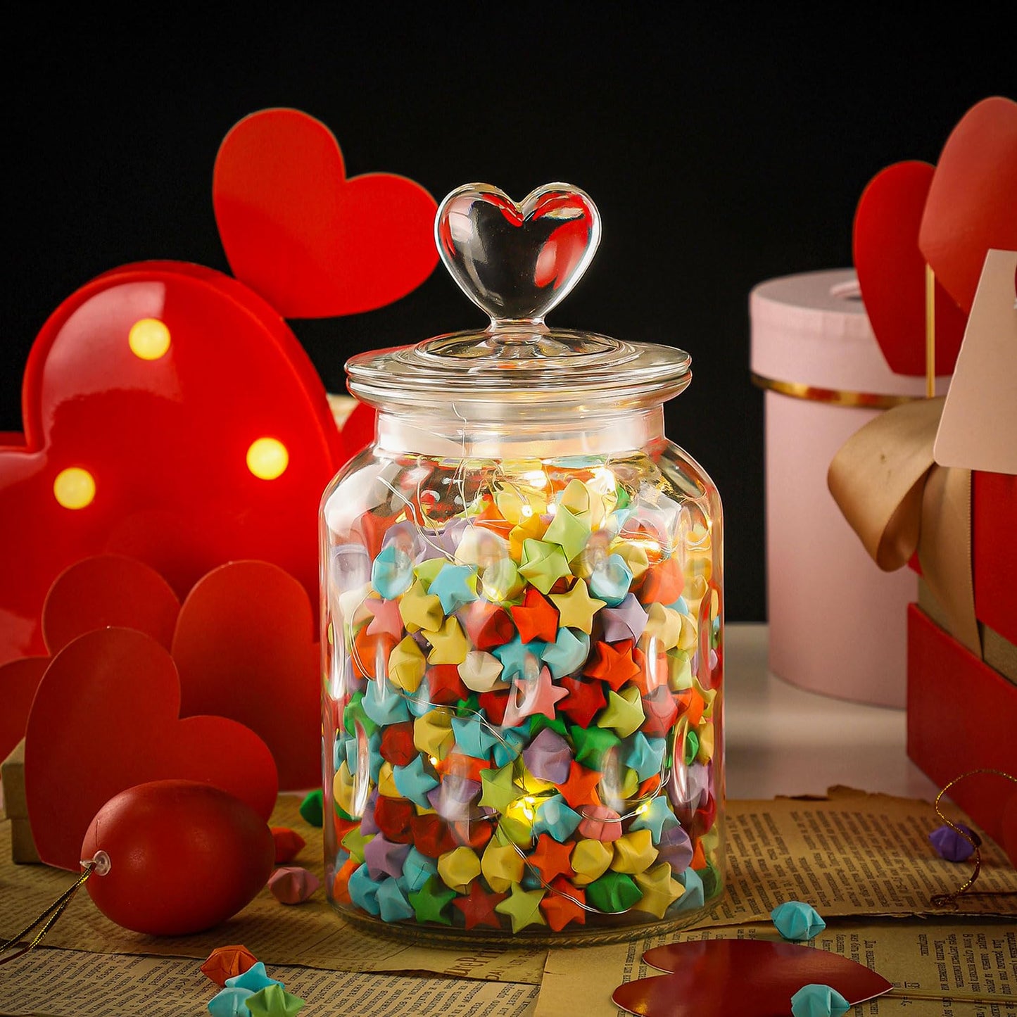WHJY Set of 2 Airtight Glass Jars, 45oz Jar of Hearts Cute Cookie Jar Decorative Jars with Lids Candy Jars for Candy Buffet Heart Shaped Lid - Stripes Textured