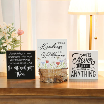 3 Pcs Inspirational Wood Box Sign Set, 5x5 Inches Motivational Quotes Wooden Blocks, Rustic Table Centerpiece Decorations