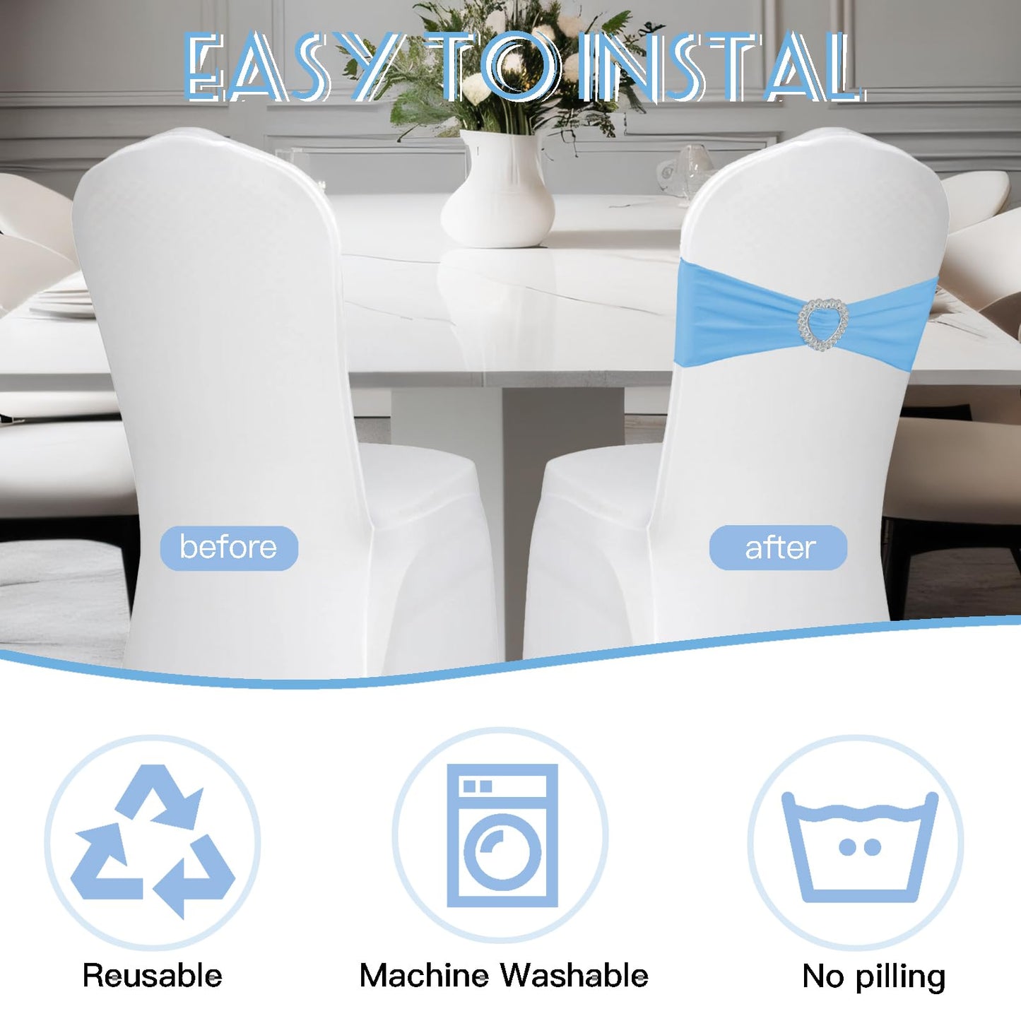 Zrlljp 100 Pack Spandex Stretch Blue Chair Sashes Bows Universal Elastic Light Blue Chair Cover Bands Ties with Buckle Slider for Wedding Party Banquet Ceremony Reception Event Decorations