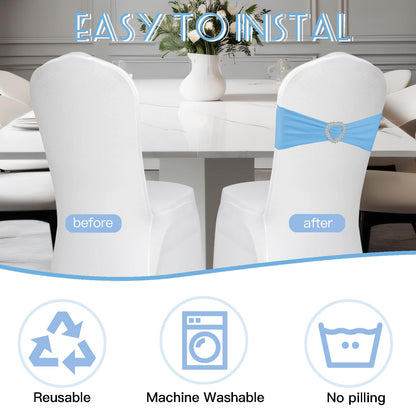 Zrlljp 100 Pack Spandex Stretch Blue Chair Sashes Bows Universal Elastic Light Blue Chair Cover Bands Ties with Buckle Slider for Wedding Party Banquet Ceremony Reception Event Decorations