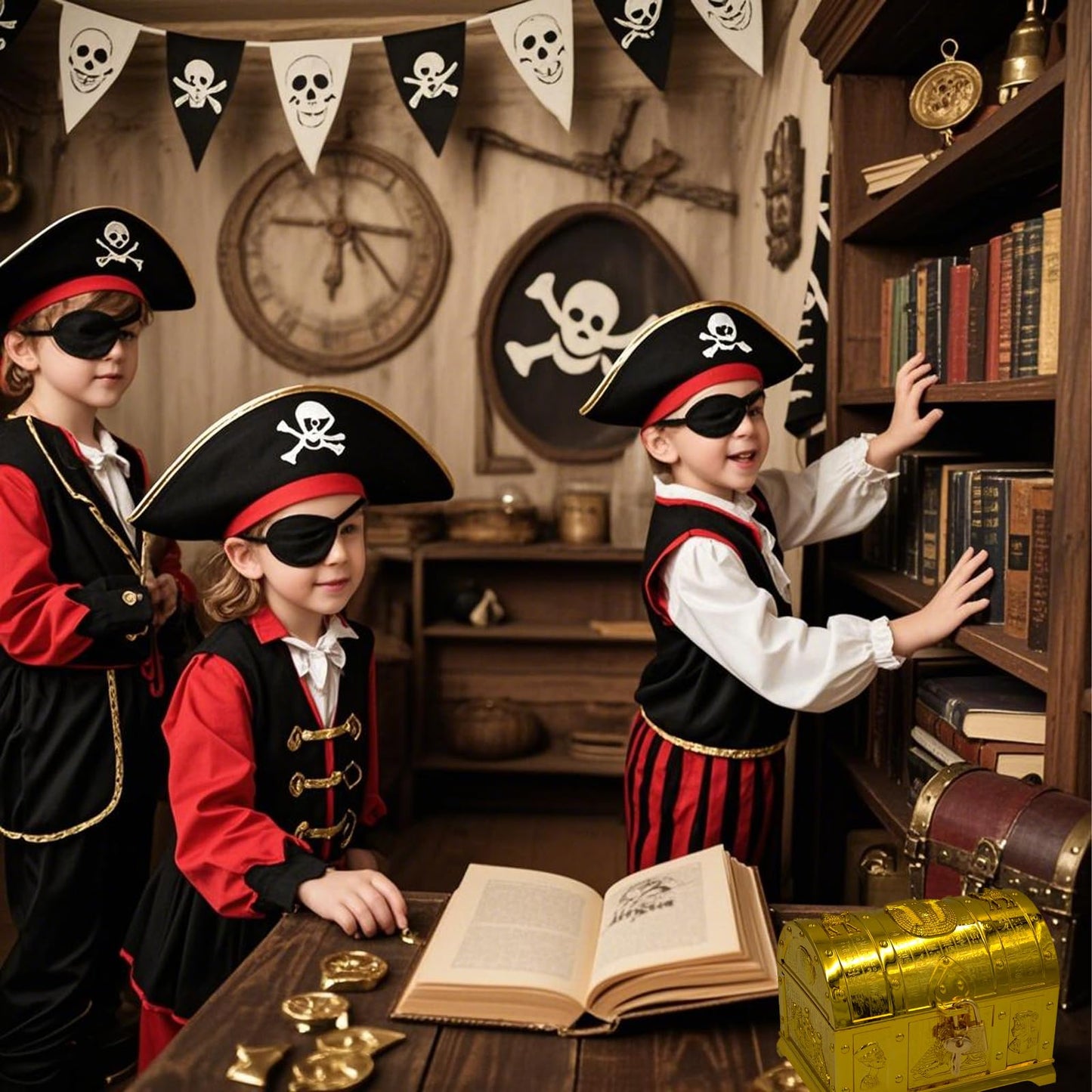 Egyptian Treasure Chest For Kids - Golden Decorative Pirate Treasure Box With Lock and Key For Kids Prizes, Theme Party, Birthday, Halloween, Christmas Pirate Party Favors