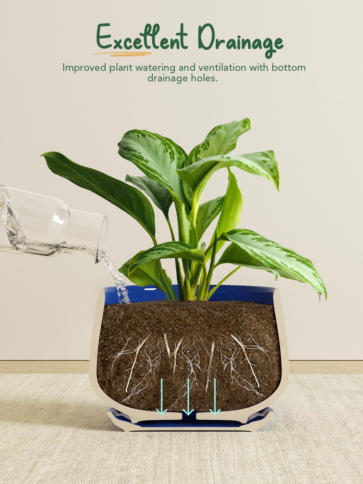 LE TAUCI Plant Pots, 4.1+5.1+6.5 inch, Set of 3, Ceramic Planters with Drainage Hole and Saucer, Indoor Flower Pot with Hole Mesh Pad, Gifts for Mom, Sapphire Blue