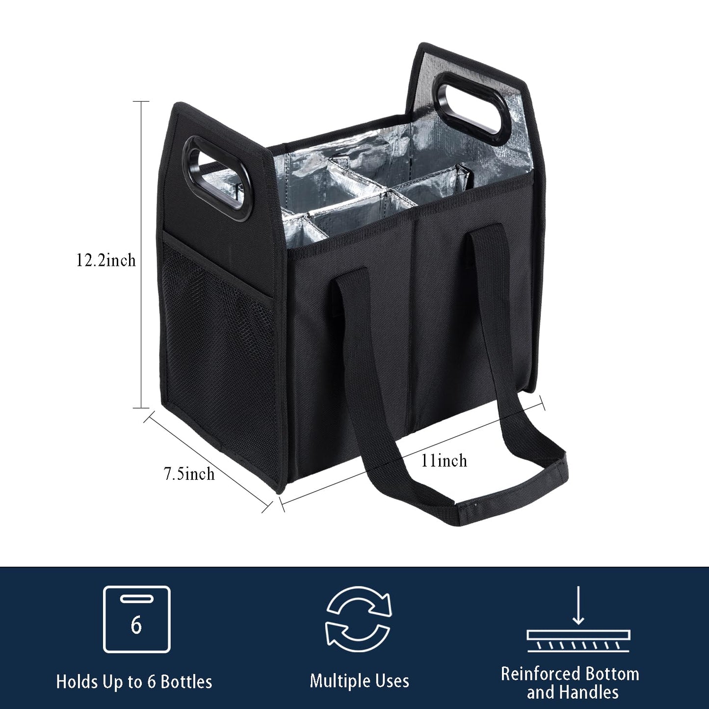 LUILANC 6 Bottle Wine Carrier Collapsible Reusable Portable Wine Bottle Carrier Case for Tote Bag Moving, Vacation Bottle Caddy Grocery Shopping Wine Tasting Accessory, Black