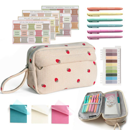 Envysun Bible Study Supplies Journaling Kit for Women - Bible Annotation Kit with No Bleed Highlighters, Tabs & Pen Case - Starter Christian Gift for Daily Devotion & Note Taking (Beige Strawberry)