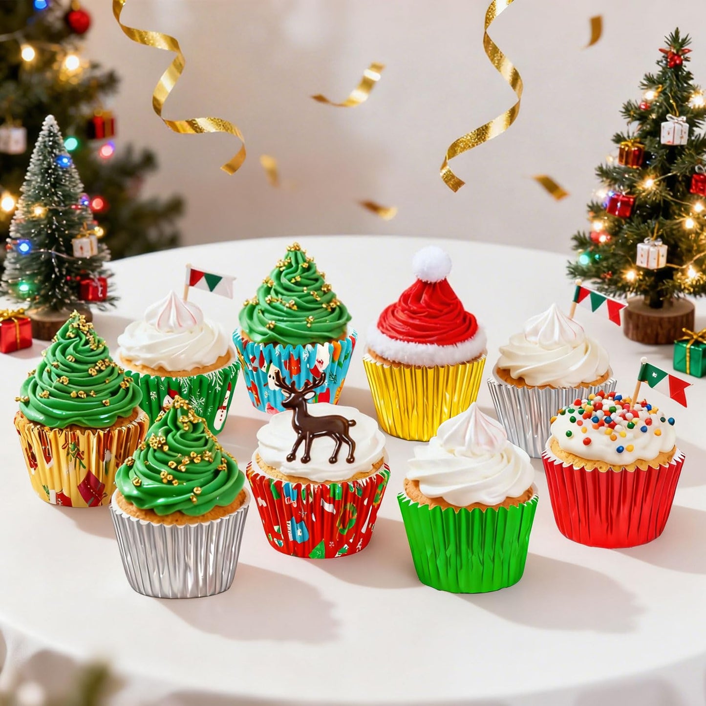 Whaline 400Pcs Christmas Cupcake Liners Xmas Snowflake Snowman Santa Foil Paper Baking Cups Standard Muffin Cupcake Wrappers for Winter Holiday Party Cake Candy Chocolate Making Supplies Table Decor