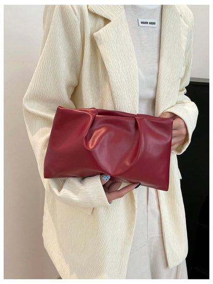 OYOANGLE Women's PU Leather Clutch Purses Small Zipper Ruched Minimalist Handbag Burgundy One Size