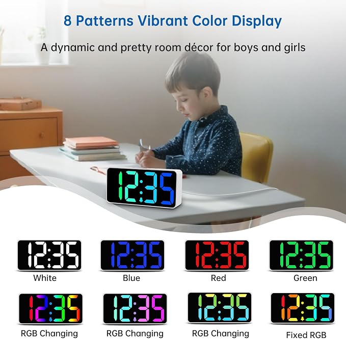 DreamSky Small Digital Alarm Clock for Bedroom, RGB Desk Clock for Kid Girl | Electric Clock with Large Numbers for Bedside Nightstand, Dimmer, Adjustable Alarm Volume, USB Port, USB-C Adapter Powered
