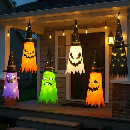 Qilery 6 PCS Hanging Witch Ghost Hats Decorations - Halloween Hanging Ghosts Decorations Outdoor - 31 Lighted Pumpkin, Cat, Mummy, Vampire, Zombie Theme for Yard Tree Porch Patio Garden Party