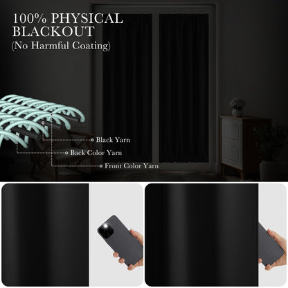 PONY DANCE Black Back Door Curtains for Door Window, 100% Blackout Dual Rod Pocket Privacy French Curtain for Kitchen, Thermal Insulated Small Window Drapes for Classroom, W25 x L40, 1 Panel