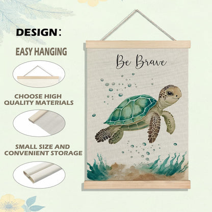 BearCake Ocean Nursery Decor, Sea Turtle Seahorse Under the Sea Wall Art Poster Hanger Frame, Inspirational Beach Nursery Canvas Prints Framed Wall Decor for Kids Room Playroom, 12x16 Inch Set of 2