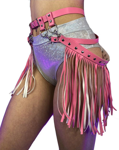Sexy Leather Waist Belt Tassel Punk Harness Vintage PU Leather Waistband Belt Rocker Dance Performance Costume (Pink)