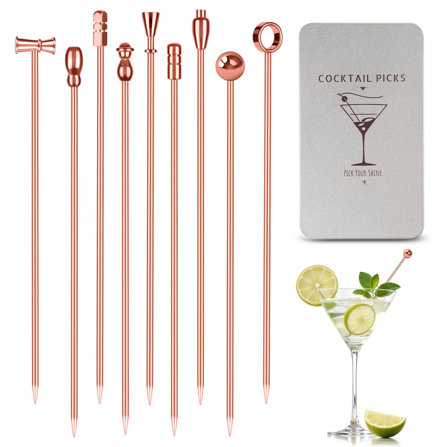 Metal Martini Cocktail Picks 9 Pcs, 4.1 in Olive Skewers Stainless Steel, Drinks Garnish Sticks, Reusable Appetizers Toothpicks, Home Bar Accessories Supplies Gift for Father Bartender - Rose Gold