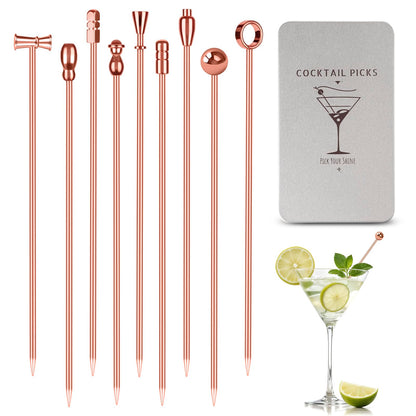 Metal Martini Cocktail Picks 9 Pcs, 4.1 in Olive Skewers Stainless Steel, Drinks Garnish Sticks, Reusable Appetizers Toothpicks, Home Bar Accessories Supplies Gift for Father Bartender - Rose Gold