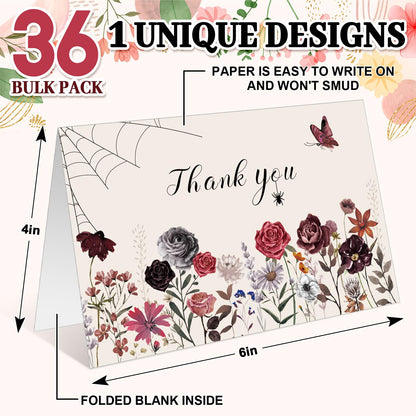 Whaline 36 Packs Halloween Floral Thank You Cards Watercolor Flower Greeting Cards with Envelopes and Stickers Blank Note Card for Wedding Birthday Party Supplies