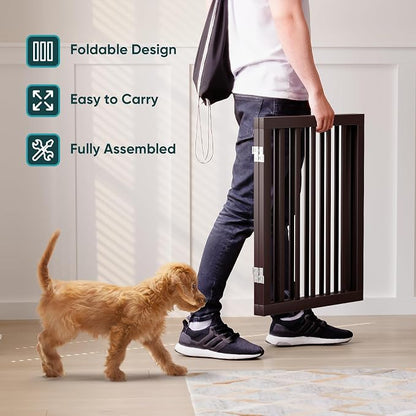 Semiocthome Bamboo Dog Gates Indoor 2-Panel Freestanding Puppy Gates for The House with 2 Metal Stands 24" H Folding Wood Pet Gate for Stairs Doorway, Fully Assembled Safety Fence Espresso