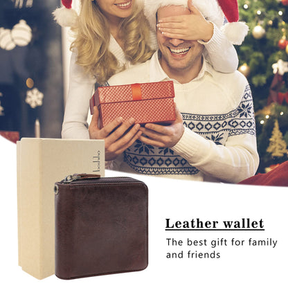 boshiho Real Leather RFID Blocking Bifold Wallets for Men Double Zipper Coin Pocket Purse with Anti-Theft Chain (Coffee 02)