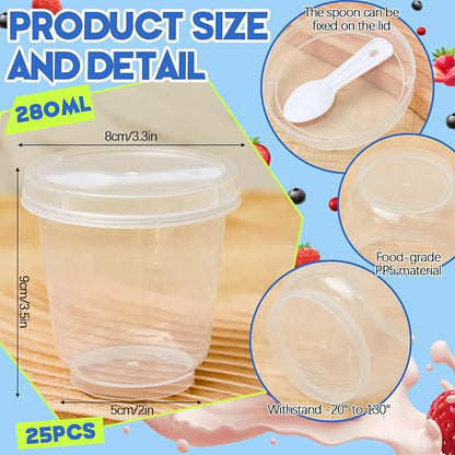 Jingmore 25 Pack 9.5oz Clear Plastic Yogurt Parfait Cups Disposable Overnight Oats Containers with Lids and Spoons Cake Fruit Jars for Food Storage Salad Ice Creams Pudding Snacks (Round Style)