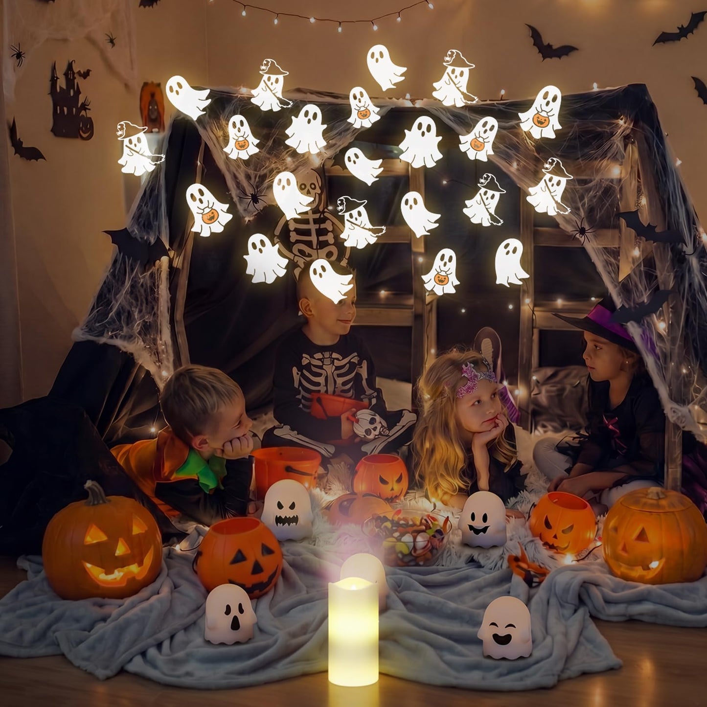 Baquler Halloween Projector Candle Ghost Projector Light Halloween Indoor Decoration Spooky Scary LED Flameless Candle Battery Operated Night Light with Remote Timer Bedroom Home Decor Party Gift
