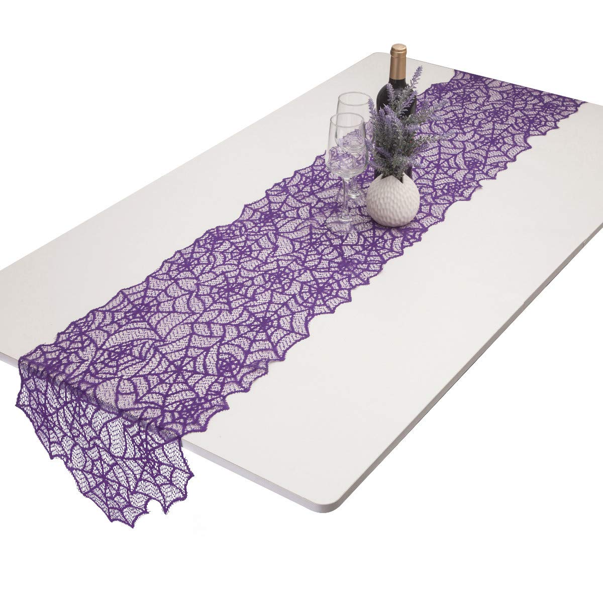rockcloud Lace Table Runner Spiderweb Fireplace Mantle Scarf Cover for Halloween Party Scary Movie Nights Decoration, Purple