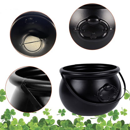 Zcaukya St Patricks Day Coin Pot, 7.4" Black Plastic Cauldron Kittle with Handle, Punch Bowl for Parties, Parade, Carnival, Dressing Accessories, Halloween Trick or Treat, Easter Egg Hunt