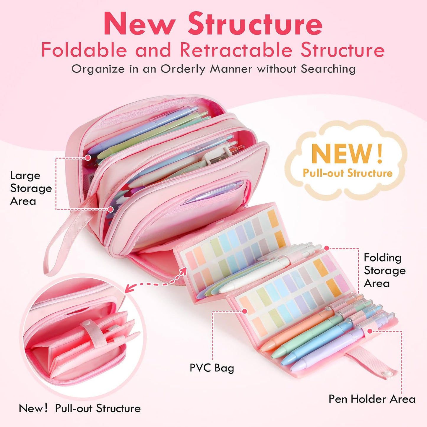 SANANT Large Capacity Pencil Case with Pull-out Structure - Multifunctional Extra Big Pencil Pouch Pen bag, Portable Stationery Organizer with Zipper, College Office School Supplies for Girls, Pink