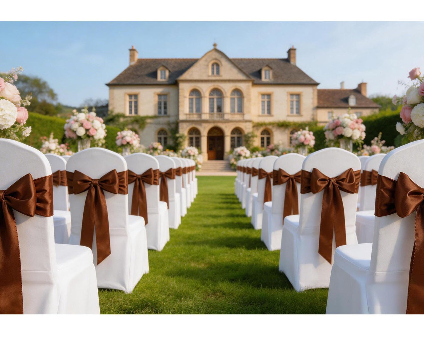MAGTOWNE Brown Chair Sashes 50 Pack, Chocolate Satin Chairs Bows Ribbons for Party Wedding, Universal Ties Knots for Folding Chairs Decor