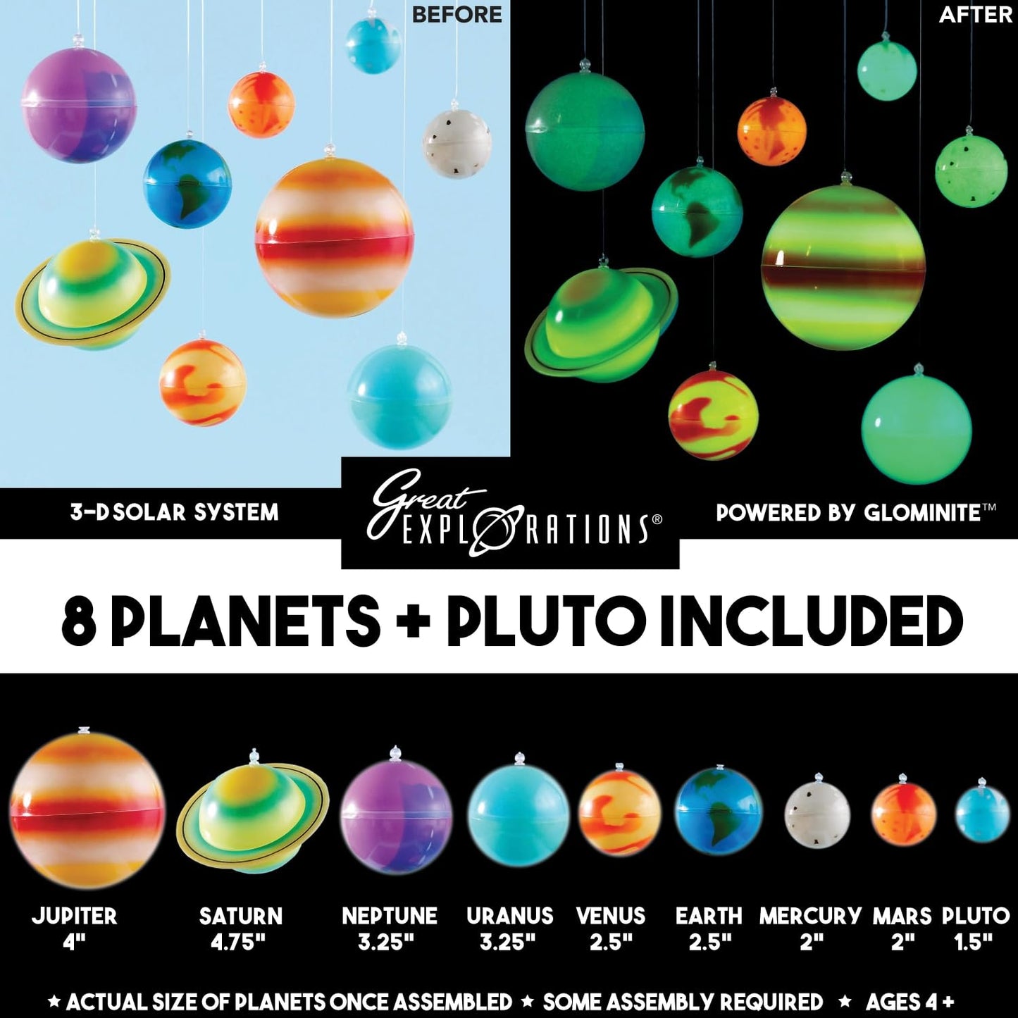 Great Explorations, 3-D Solar System Glow In The Dark Ceiling Hanging Kit 3D Planets and Star Stickers Create the Milky Way Teach Science STEM